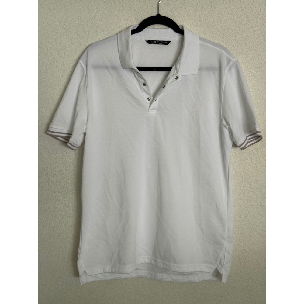 BYLT Premium Basics Mens White Pique Snap Polo Shirt Short Sleeve Size M